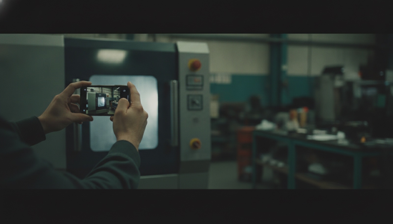 Hands photographing an industrial machine with a phone